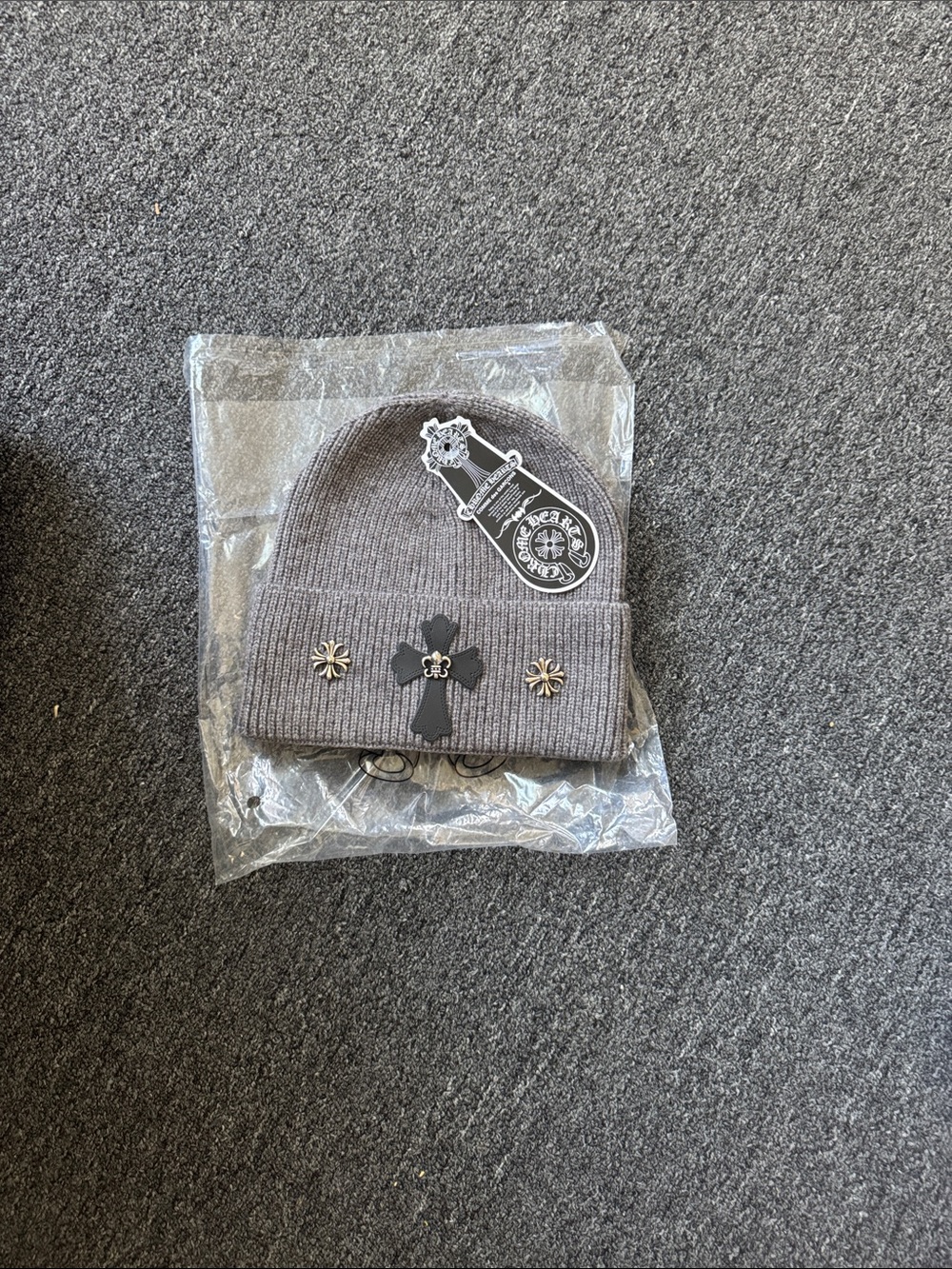 Chrome Hearts Kids Gray Beanie with Cross and Flower Studs